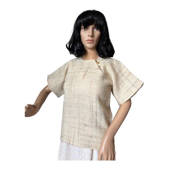 Handwoven by Gretchen one of one top shoulder button close tan cream size S - Picture 5 of 16